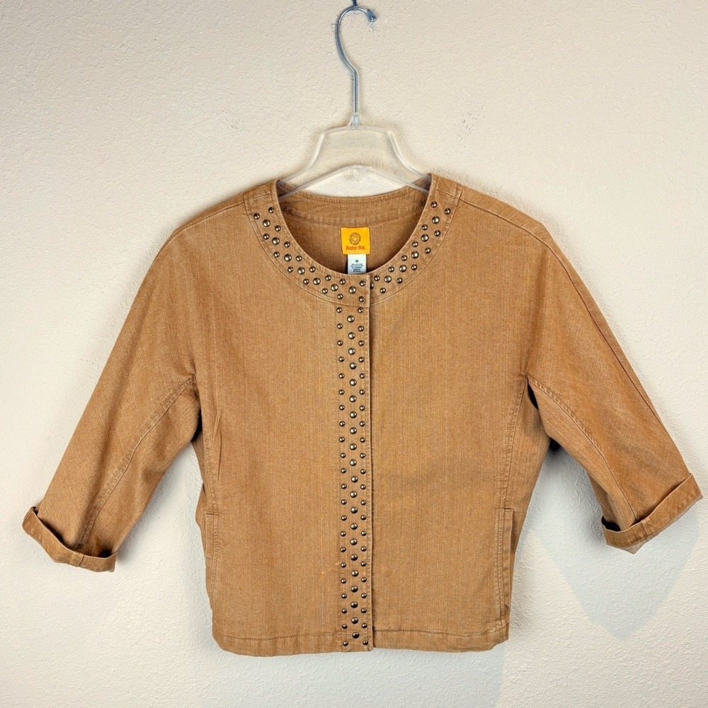 Ruby Rd Womens‎ 16 Camel Tan Studded Denim Jacket 3/4 Sleeve Snap Front Stretch